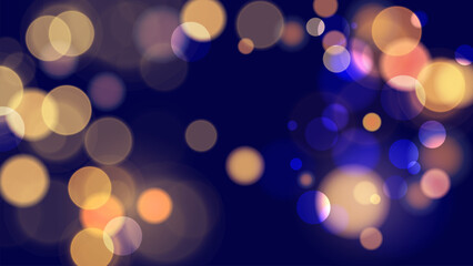 Abstract festive blurred background. Vibrant bokeh lights. Bright defocused glowing lights effect. Vector illustration.