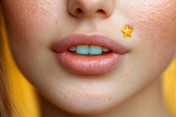 Obraz premium Close-up of a woman's face with a yellow star on her cheek