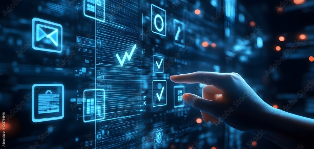 Poster futuristic digital interface with a hand selecting data points on a glowing touch screen in a high-t