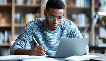 Focused student writing notes on a laptop at a cozy study space surrounded by books.