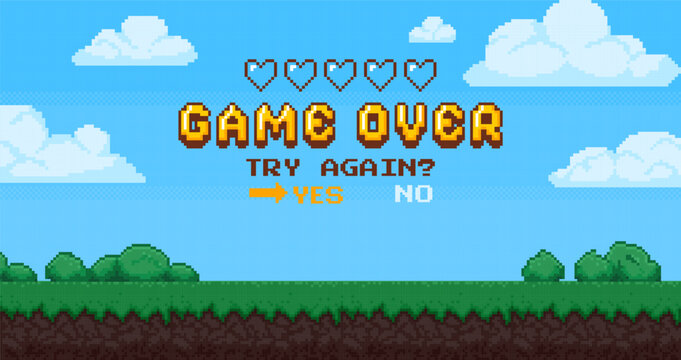 Pixel game over background. Retro 8 bit video games screen with empty hearts. Arcade interface landscape with choice buttons and score information. Vector concept banner
