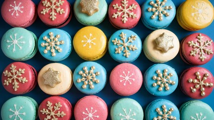 Festive Snowflake Macarons on Blue Background Winter Holiday Treats Christmas Dessert Bakery