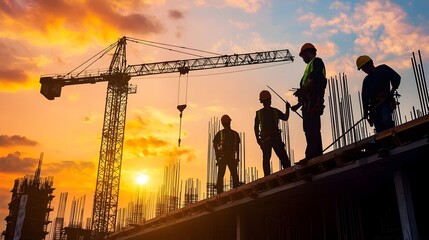Vibrant construction site showcasing dynamic workers in action utilizing specialized tools and machinery amidst captivating lighting effects that highlight the essence of the building process