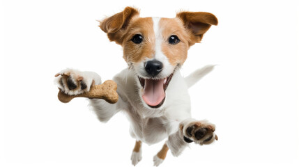 Front view of a dog catches a treat in the form of a bone. Pet jump for a cookie on a white background.