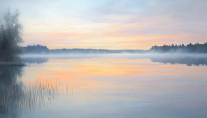 Serene lake view at dawn, with mist hovering above water and soft pastel colors lighting the sky.