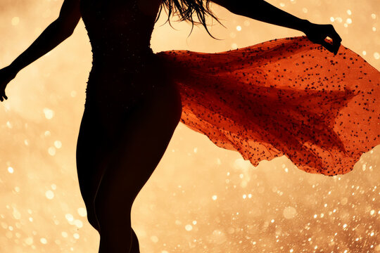 A woman in a red dress is dancing in the rain