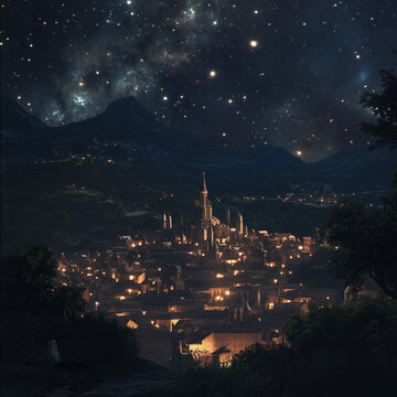 Medieval city at night in the distance.