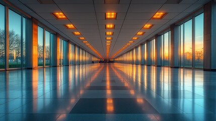 Fototapeta premium A long, empty hallway with large windows on either side. The windows reflect the sunset and the sky. The floor is tiled and shiny.
