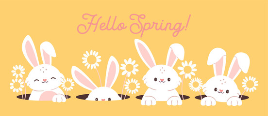 Easter rabbits. Cute spring bunny in hole with flowers. Cartoon cute pet animals with ears and paws seeking. Holiday Easter hunter, catch white bunnies. Vector banner