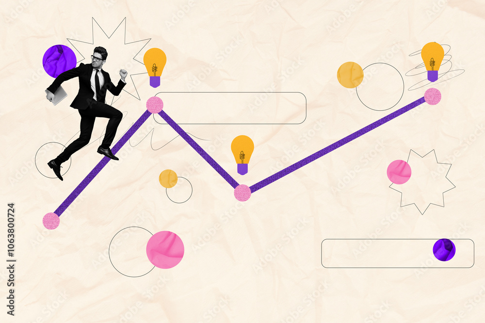 Poster composite photo collage of serious businessman run graph statistics climb up promotion light bulb pl