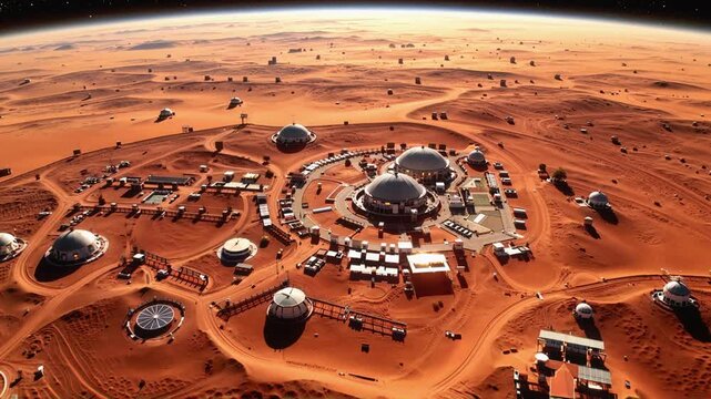 Aerial view of a futuristic Mars colony featuring dome habitats, rover vehicles, and a vast red desert landscape under a starry sky. Captivating portrayal of human colonization on another planet.
