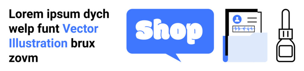 Shop text bubble, folder with profile document, glue bottle. Ideal for online shopping, e-commerce, digital marketing, retail, and business concepts. Banner for landing page