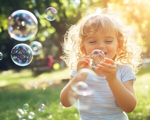 A joyful child playing with bubbles in a sunlit park, capturing the essence of childhood happiness and carefree moments.