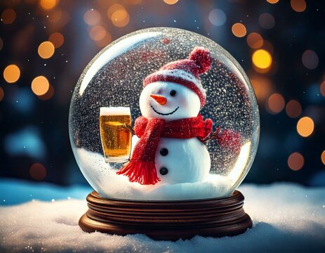 Boneco de neve com cachecol vermelho bebendo chopp com espuma em um cen&aacute;rio de inverno dentro de uma bola de cristal 
