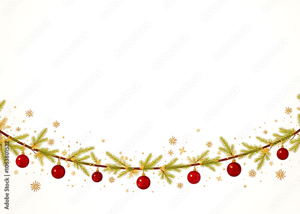 Poster golden fir branches gold stars and red balls adorn a christmas tree garland against a simple white b