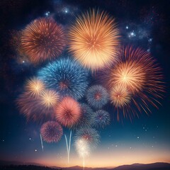 Obraz premium Fogos de artificio de ano novo em um céu estrelado, feliz ano novo, 2025