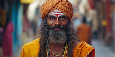 Obraz premium A smiling man wearing a turban and beads captures the vibrant spirit of a bustling street market in rich, vivid colors.