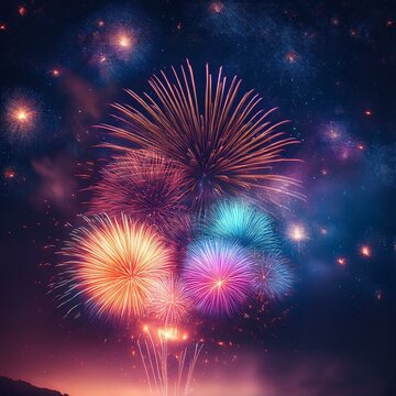 Fogos de artificio de ano novo em um c&eacute;u estrelado, feliz ano novo, 2025