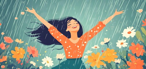 A joyful woman embraces the rain surrounded by colorful flowers, expressing happiness and freedom in a vibrant, natural setting.