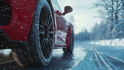 Fototapeta premium スタッドレスタイヤで雪道を走る車