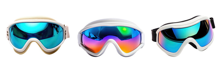 Set of Ski goggles, protective winter sports gear isolated on a transparent background