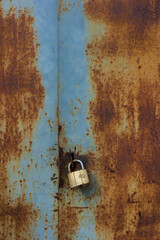 Rusty old metal doors are closed on a hinged lock.