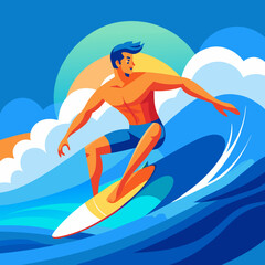 a shirtless surfer performs a dynamic maneuver 