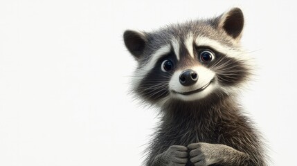 Fototapeta premium A mischievous raccoon with a sly grin and one eyebrow raised, standing confidently on a white background