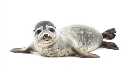 Naklejka premium A playful baby seal lying on its belly with flippers raised on a white background