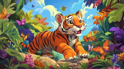 A playful cartoon tiger with orange and black stripes, chasing butterflies in a colorful jungle 
