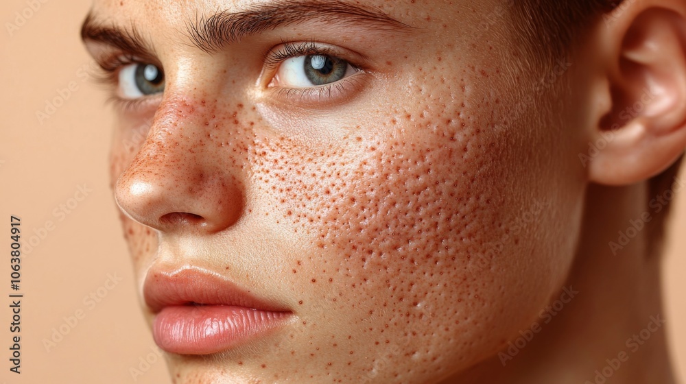 Poster a person with prominent freckles and vibrant blue eyes gazes directly at the viewer, the smooth text
