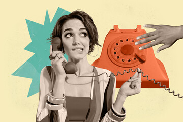 Composite trend artwork sketch image collage of landline phone call service customer support young lady emoji face confused hold wire