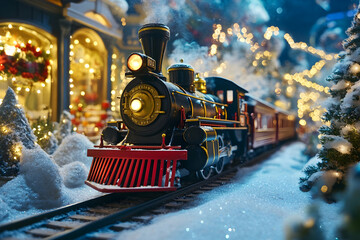 A vintage steam train travels through a snowy holiday wonderland at night
