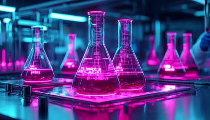 Colorful laboratory glassware with pink liquid