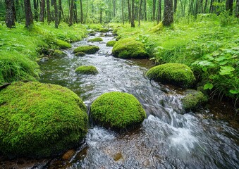 Fototapeta premium A serene stream flowing over moss-covered rocks in a lush green forest.