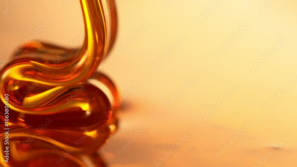 Poster super slow motion of dripping honey creating wavy shape in detail. extreme macro shot, selective foc
