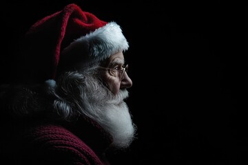 Naklejka premium Santa claus wearing glasses and looking right in profile on black background