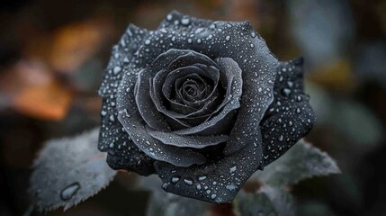 A single black rose covered in water droplets.