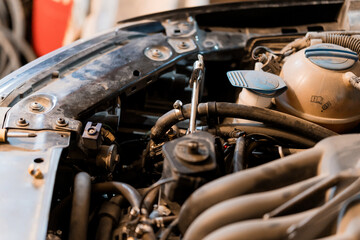 Intricate Details of an Automobile Engine Compartment