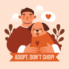 Square banner to adoption dog. Naive illustration with dog and young man owner, who hugging her puppy, clouds, plants on background, text 
