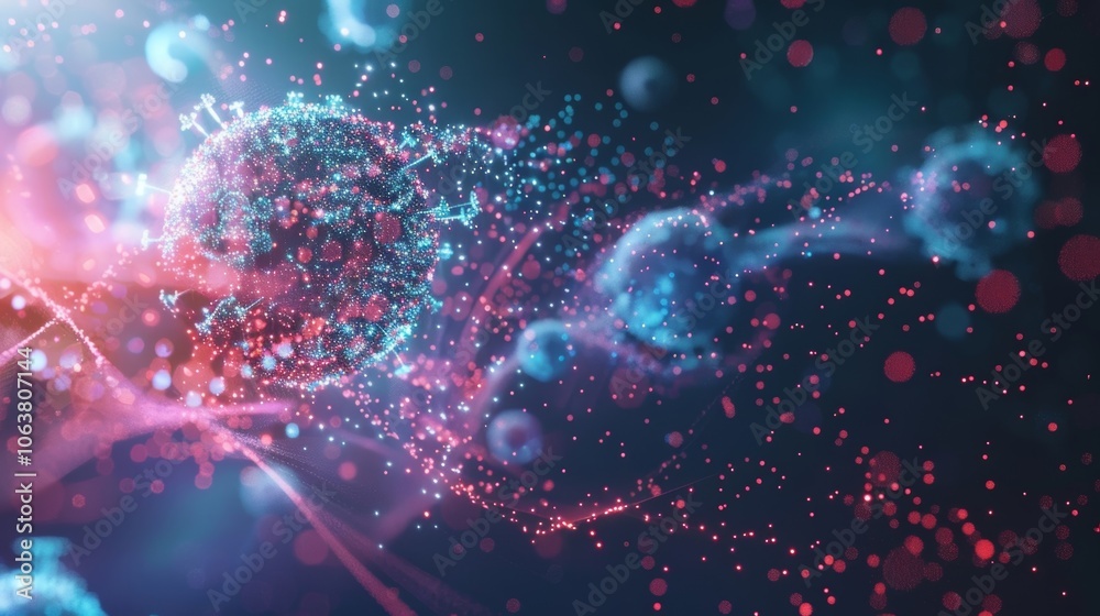 Poster microscopic view of a virus cell floating in digital environment generating colorful particles and l