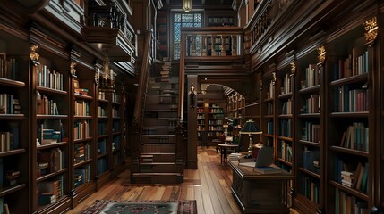 Fototapeta premium Charming Antique Library with Towering Bookshelves and Ornate Architectural Details