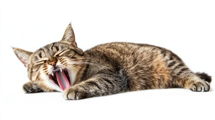 Obraz premium A sleepy cat yawning, showing its sharp teeth and tongue curled, set on a white background