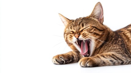 Obraz premium A sleepy cat yawning, showing its sharp teeth and tongue curled, set on a white background