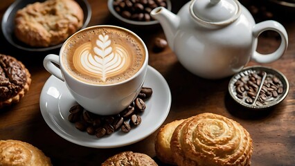High-angle view of a coffee cup with intricate latte art, surrounded by coffee beans and fresh pastries—inviting warmth and a perfect moment of indulgence
