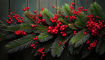 lush fir branches feature vibrant red berries festive holiday decoration