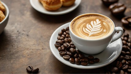 High-angle view of a coffee cup with intricate latte art, surrounded by coffee beans and fresh pastries—inviting warmth and a perfect moment of indulgence