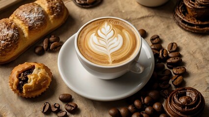 High-angle view of a coffee cup with intricate latte art, surrounded by coffee beans and fresh pastries—inviting warmth and a perfect moment of indulgence