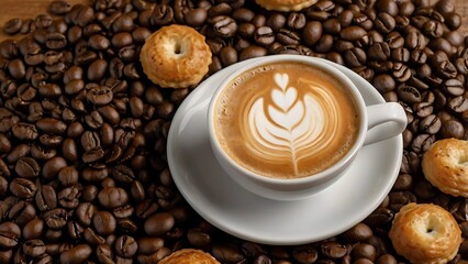 High-angle view of a coffee cup with intricate latte art, surrounded by coffee beans and fresh pastries—inviting warmth and a perfect moment of indulgence