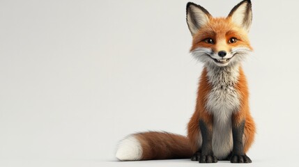 Fototapeta premium A small fox with a bushy tail, sitting cutely on a white background, with a friendly grin.